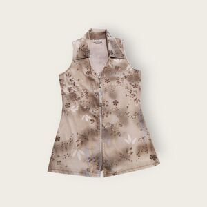 Vintage Y2k Joule tan cream floral print collared zip up split front shirt